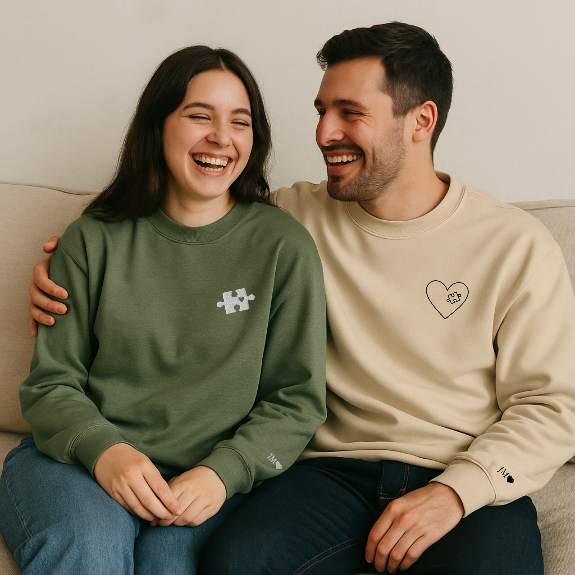 Custom I Found My Missing Puzzle Piece Embroidered Unisex Couple Sweatshirt Personalized Text on Sleeve