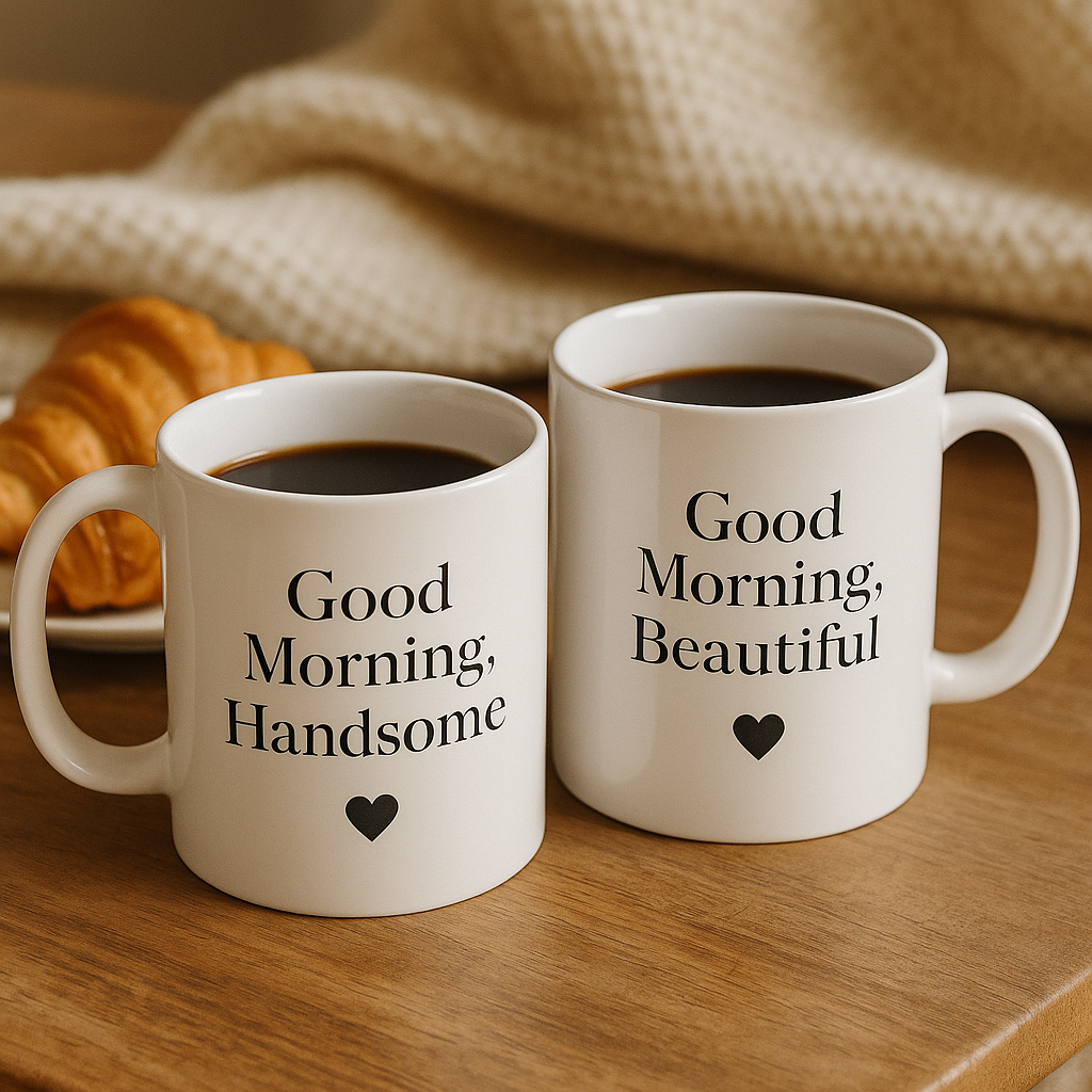 "Morning With You" White Glossy Couple 11 oz Mug Set