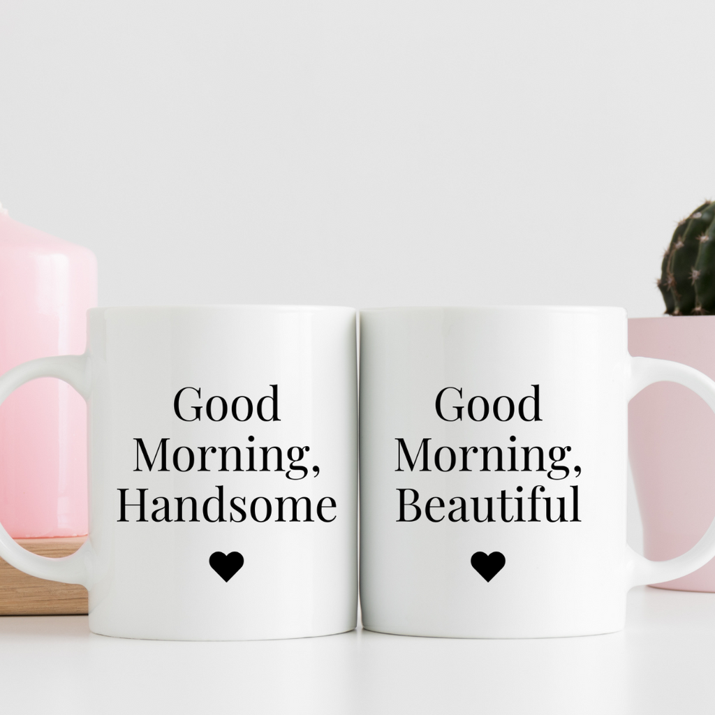 "Morning With You" White Glossy Couple 11 oz Mug Set