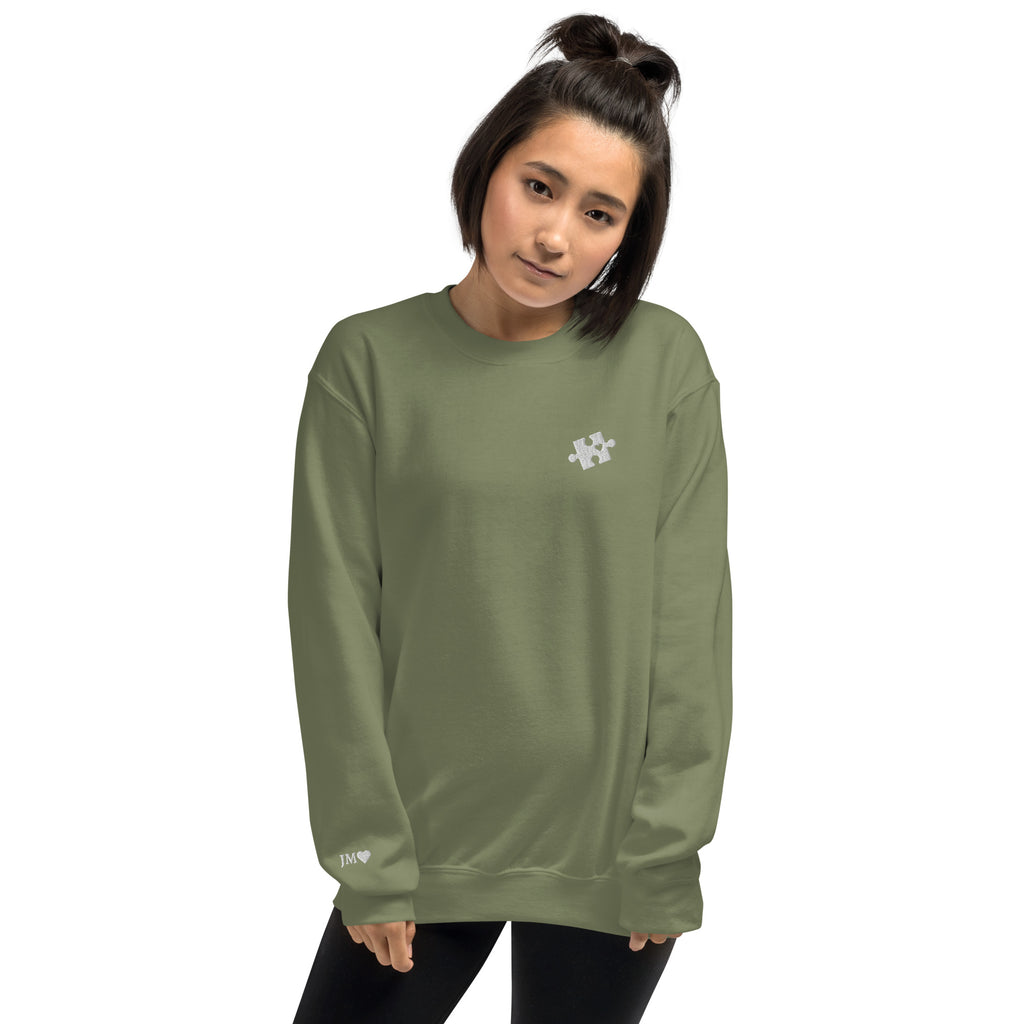 Custom I Found My Missing Puzzle Piece Embroidered Unisex Couple Sweatshirt Personalized Text on Sleeve