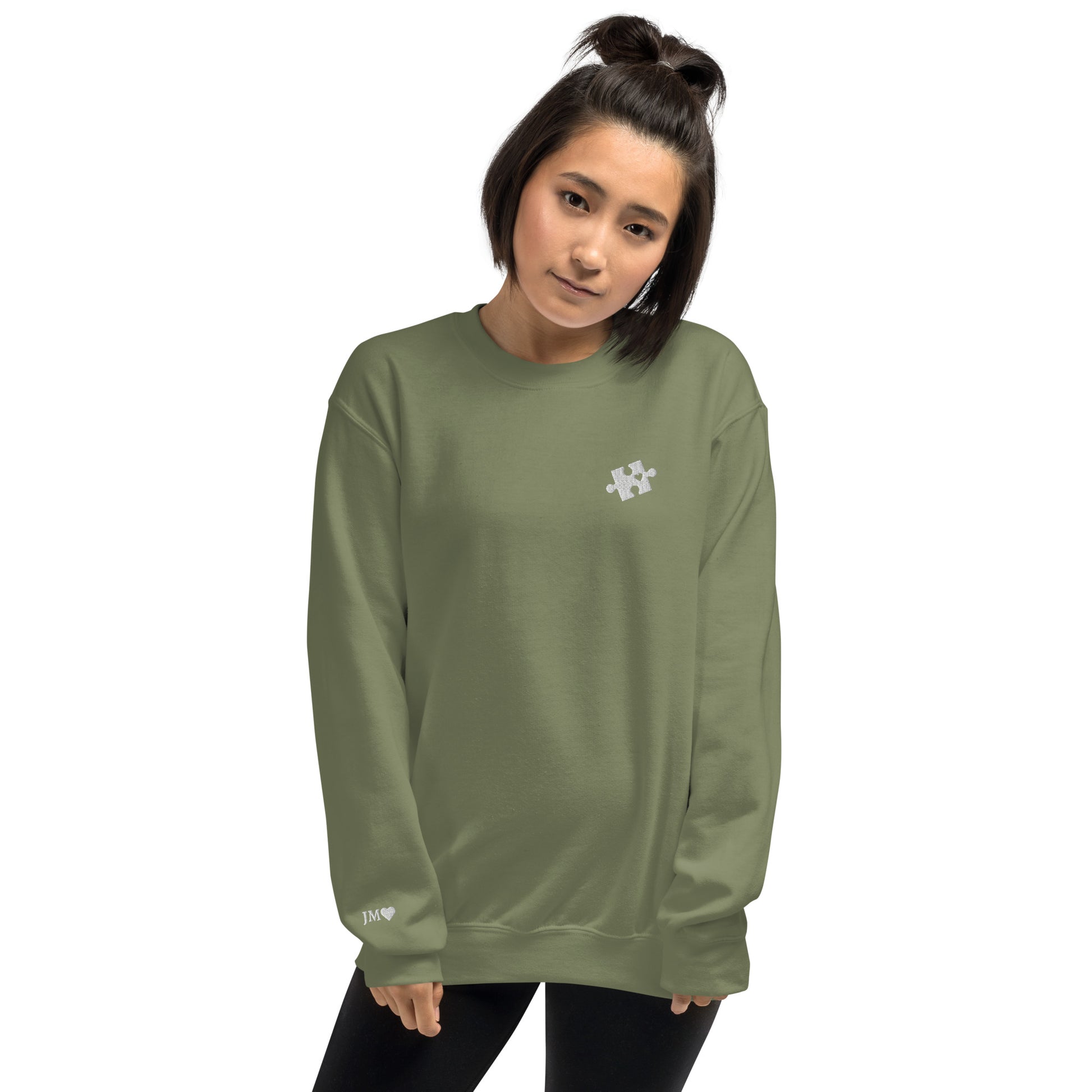 Custom I Found My Missing Puzzle Piece Embroidered Unisex Couple Sweatshirt Personalized Text on Sleeve