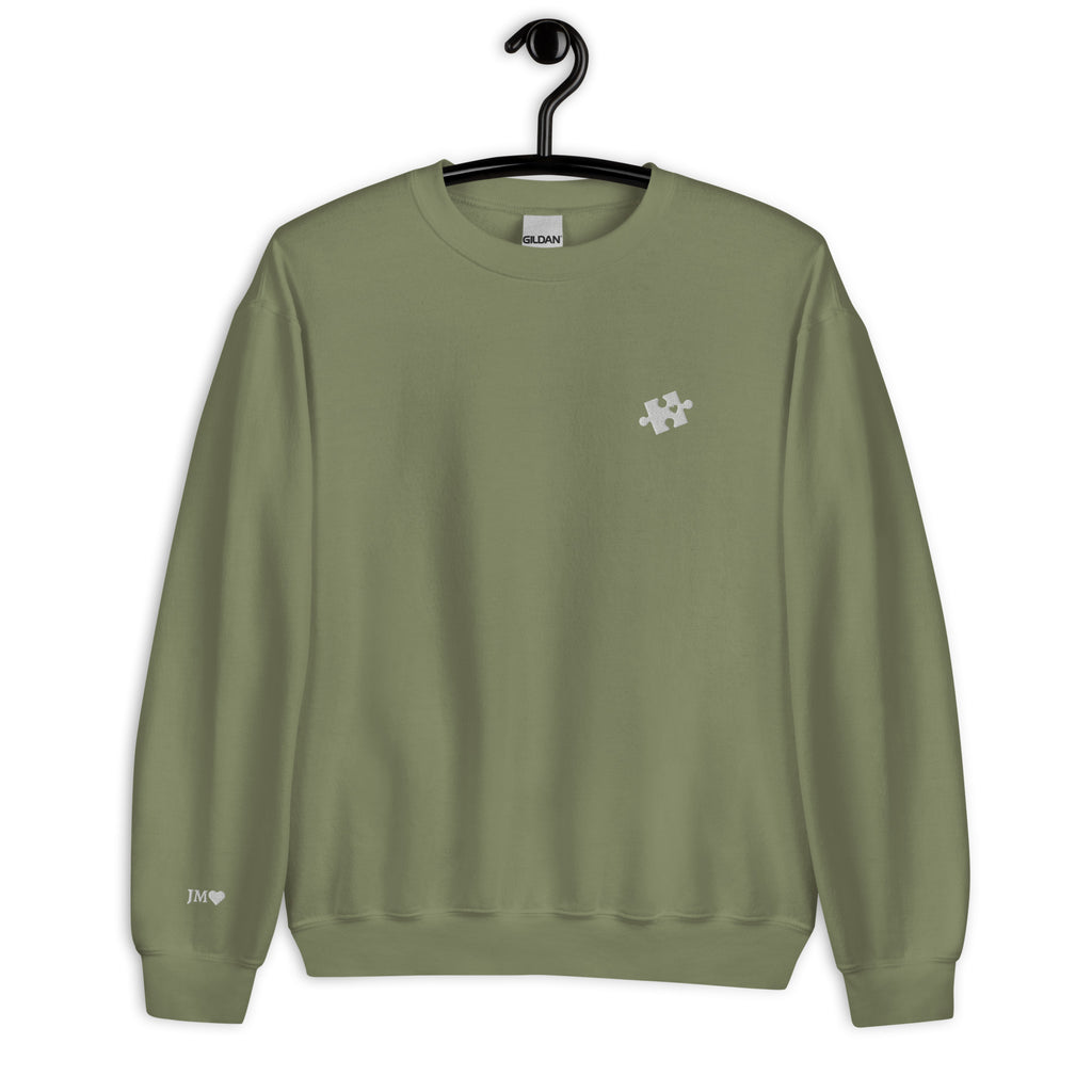 Custom I Found My Missing Puzzle Piece Embroidered Unisex Couple Sweatshirt Personalized Text on Sleeve